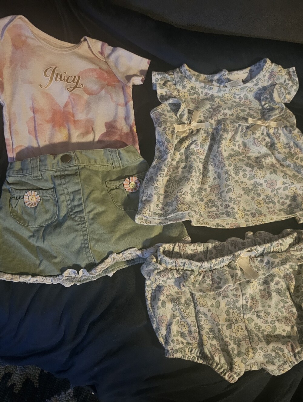 Juicey Couture Onsie With Green Girls' Skirt And Floral 2 Piece Short Set.